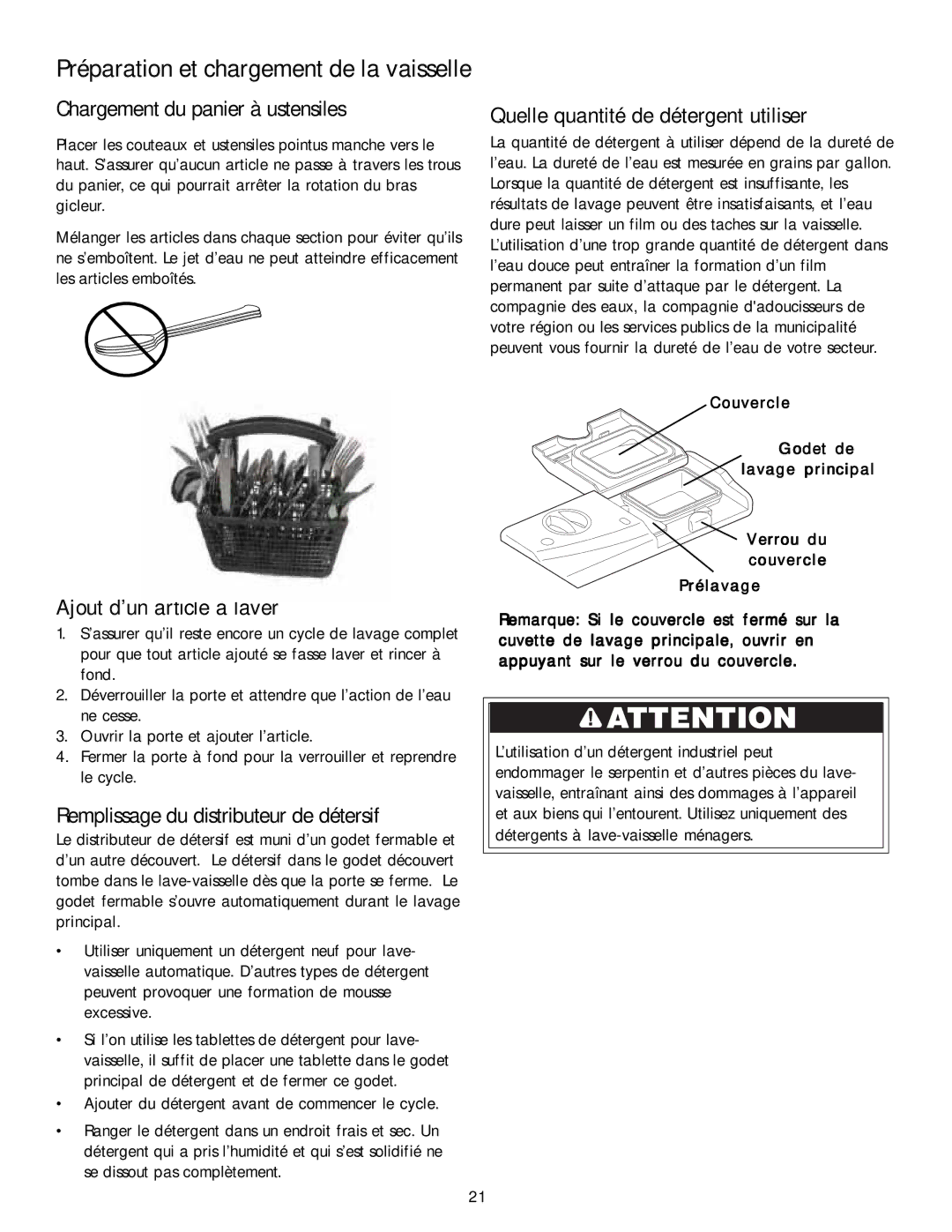 Kenmore 587.1468 Chargement du panier à ustensiles, Quelle quantité de détergent utiliser, Ajout d’un article à laver 