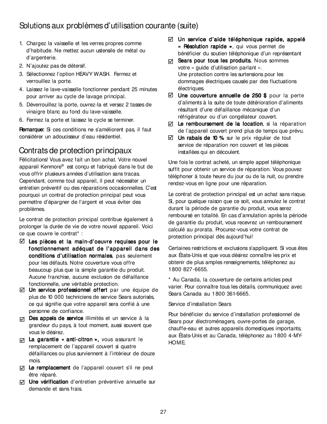 Kenmore 587.1468 manual Contrats de protection principaux, Un service d’aide téléphonique rapide, appelé, 800 