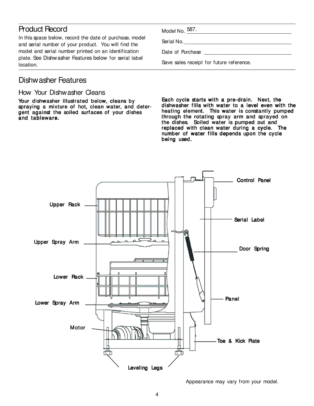 Kenmore 587.1468 Product Record, Dishwasher Features, How Your Dishwasher Cleans, Appearance may vary from your model 