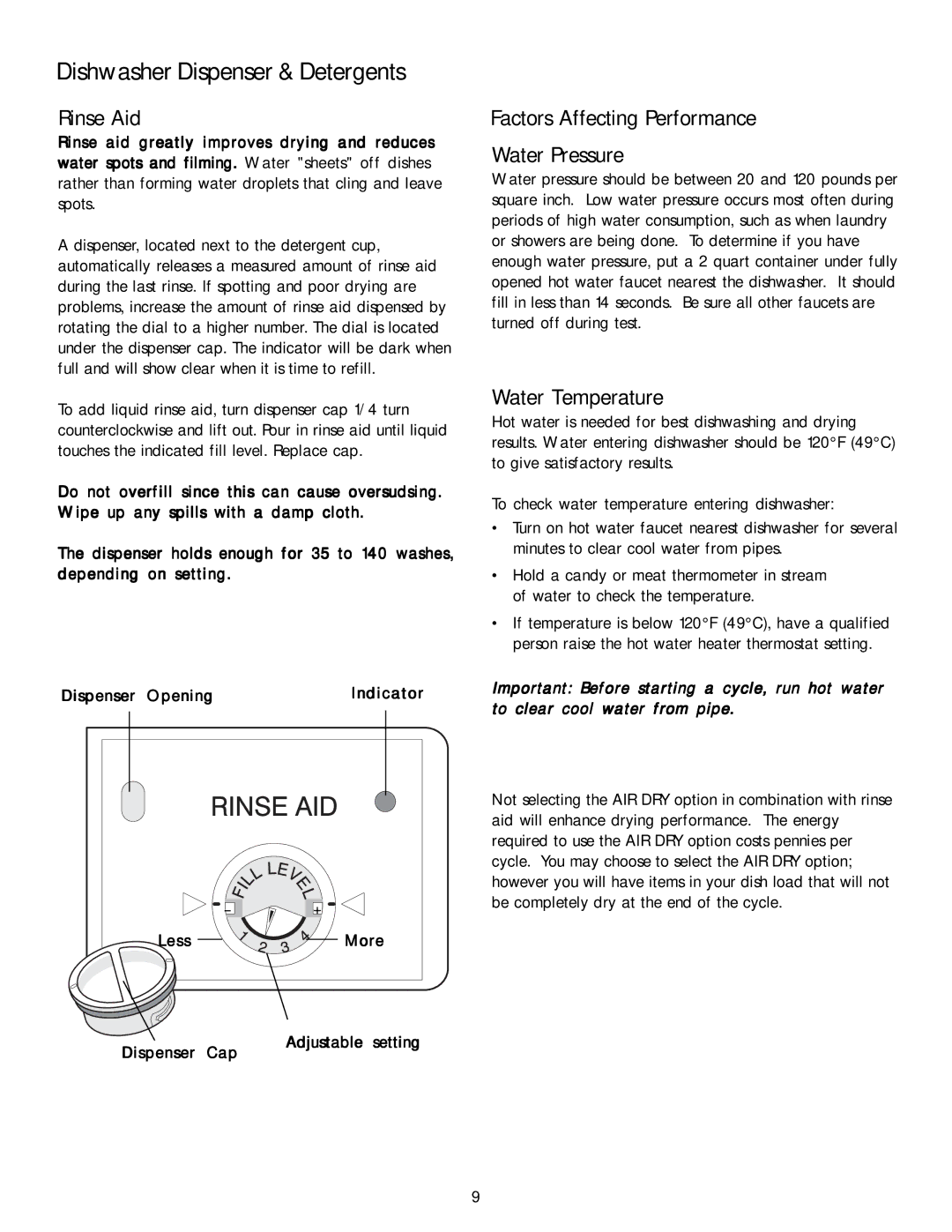 Kenmore 587.1468 manual Rinse Aid, Factors Affecting Performance Water Pressure, Water Temperature 