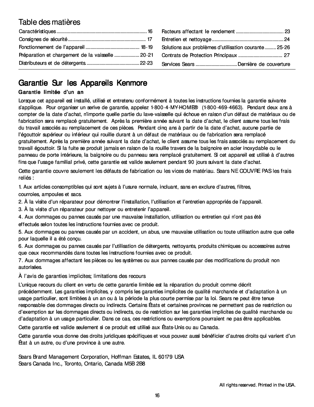Kenmore 587.1468 manual Table des matières, Garantie Sur les Appareils Kenmore, Garantie limitée d’un an 