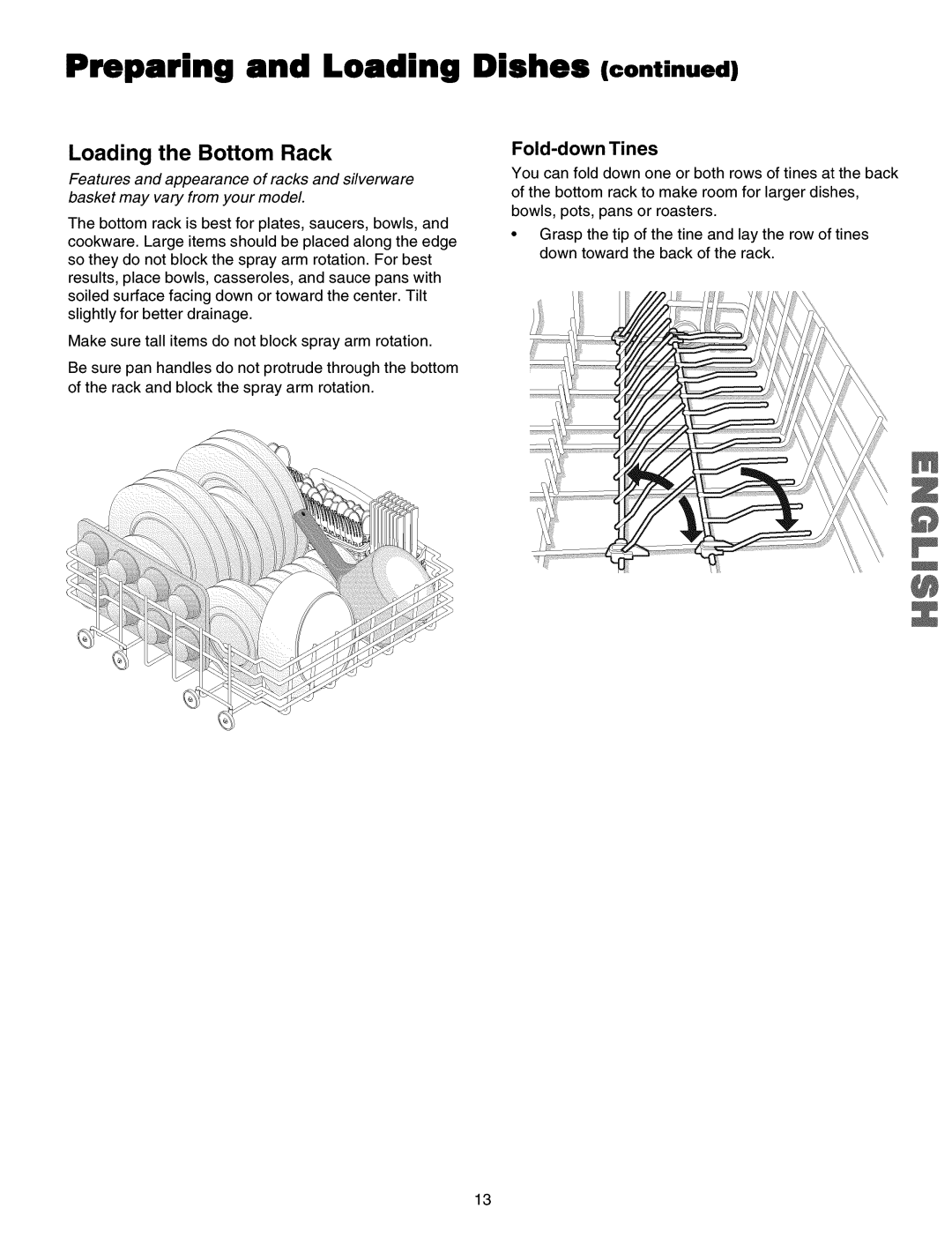 Kenmore 587.16072, 587.15074, 587.15073, 587.15072, 587.15079 Preparing and Loading, Loading the Bottom Rack, Fold-down Tines 