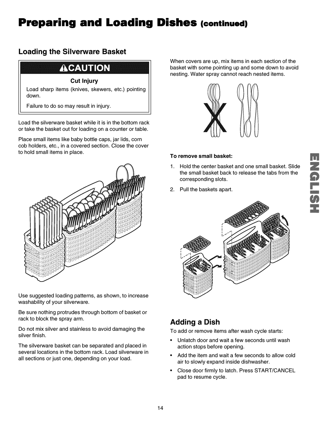 Kenmore 587.16074, 587.15074, 587.15073 manual Loading the Silverware Basket, Dishes, Adding a Dish, To remove small basket 