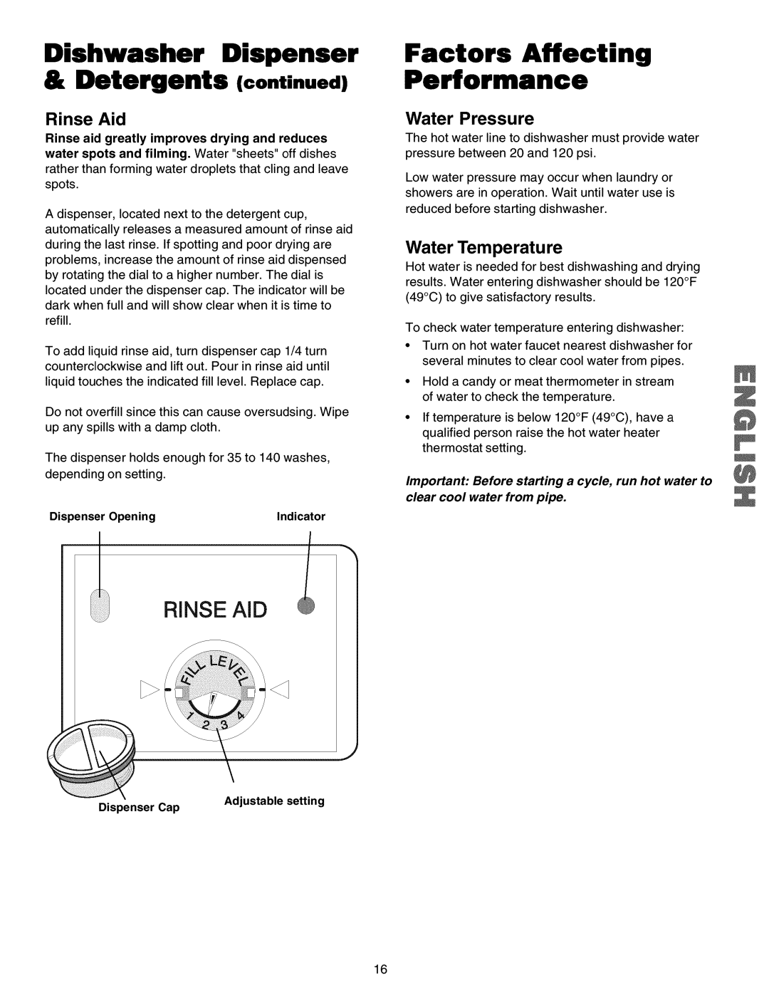 Kenmore 587.15074, 587.15073 Dishwasher Dispenser Detergents, Factors Affecting Performance, Rinse Aid, Water Pressure 