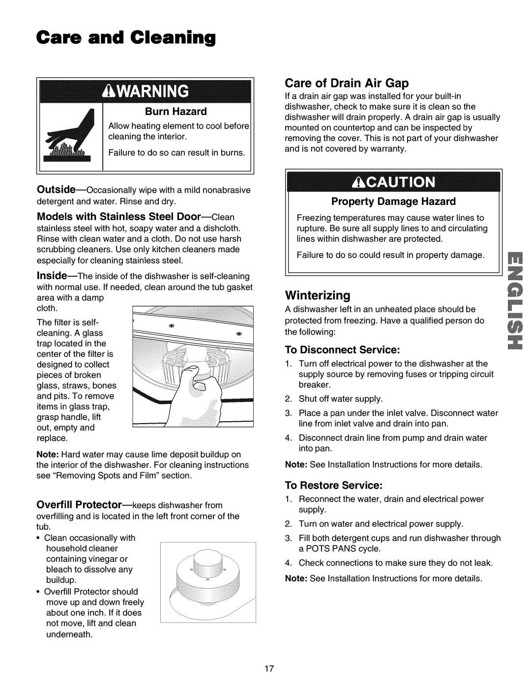 Kenmore 587.15073 manual Care and Cleaning, Care of Drain Air Gap, Burn Hazard, To Disconnect Service, To Restore Service 