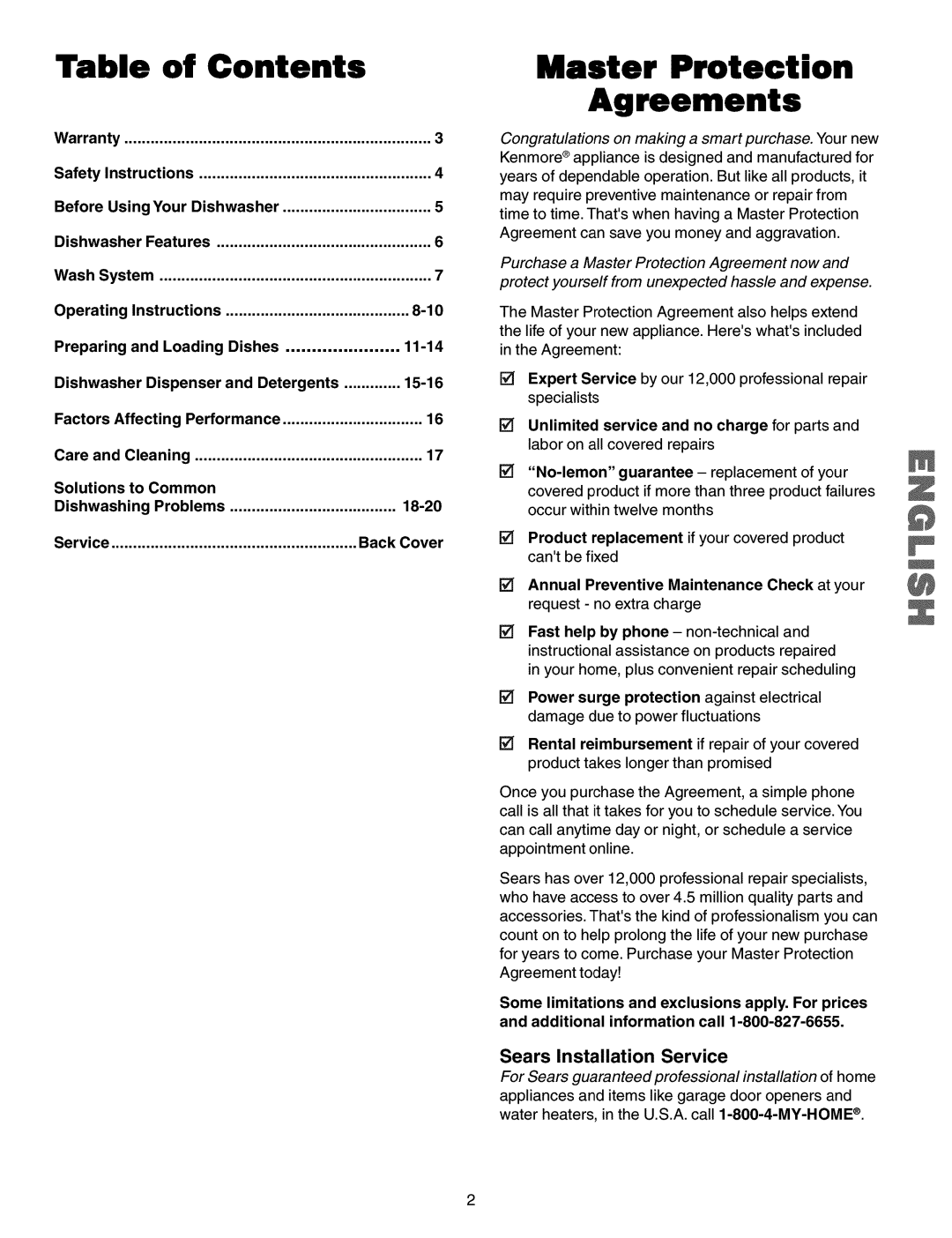 Kenmore 587.15072, 587.15074, 587.15073, 587.15079, 587.16079, 587.16072, 587.16074 manual Contents, Master Protection Agreements 