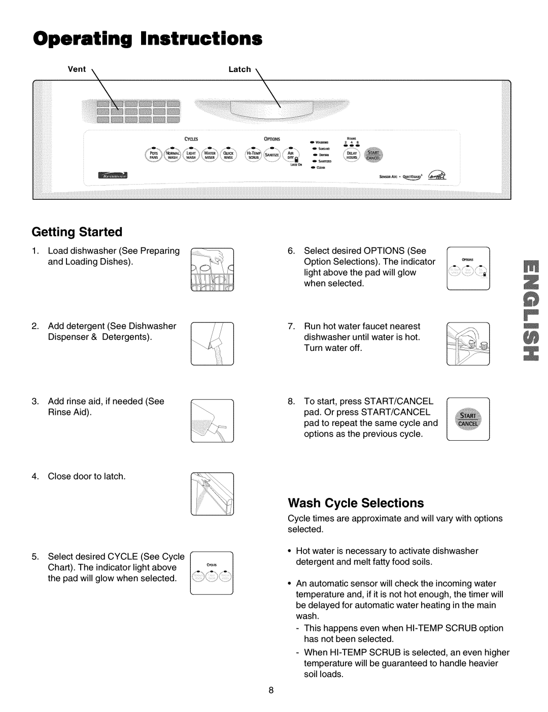 Kenmore 587.15074, 587.15073, 587.15072, 587.15079, 587.16079 Operating Instructions, Getting Started, Wash Cycle Selections 