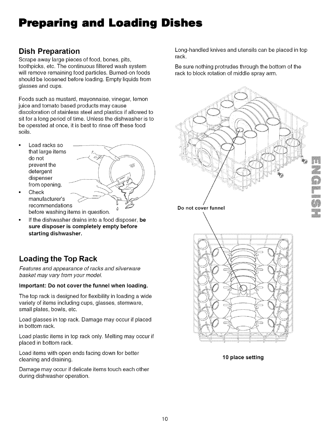 Kenmore 587.151500, 587.141500 manual Preparing and Loading Dishes, Dish Preparation, Loading the Top Rack, Place setting 