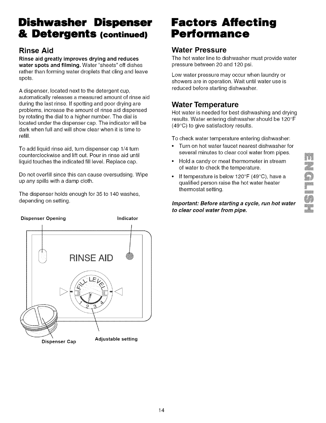 Kenmore 587.151600, 587.151500 Dishwasher Dispenser Detergents, Factors Affecting Performance, Rinse Aid, Water Pressure 