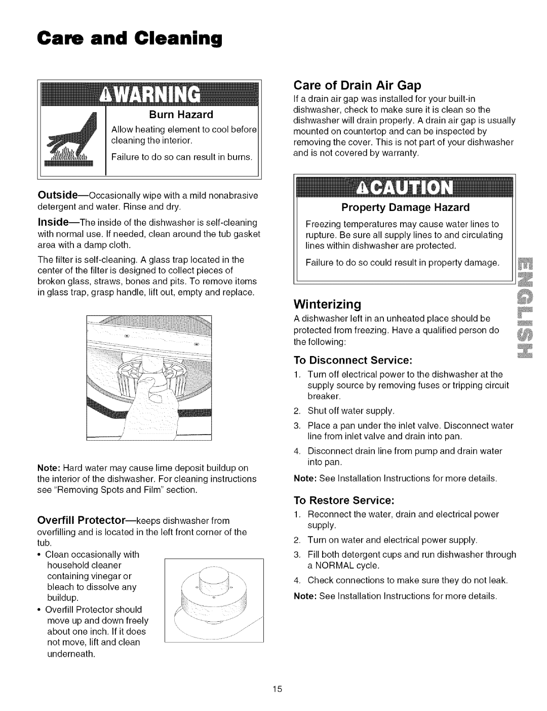 Kenmore 587.151500, 587.141500, 587.161500, 587.161600, 587.151600 manual Care and Cleaning, Care of Drain Air Gap, Winterizing 