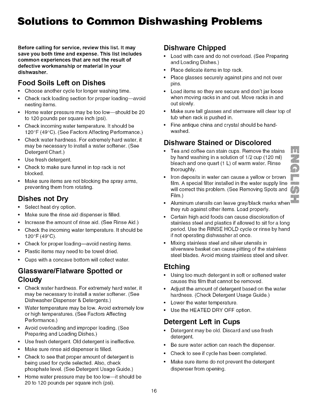 Kenmore 587.141500, 587.151500, 587.161500, 587.161600, 587.151600 manual Solutions to Common Dishwashing Problems 