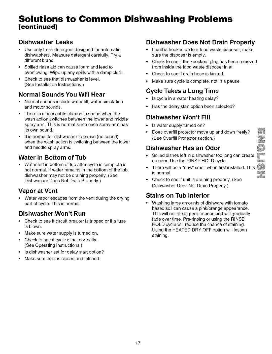 Kenmore 587.161500 manual Dishwasher Leaks Dishwasher Does Not Drain Properly, Normal Sounds You Will Hear, Vapor at Vent 
