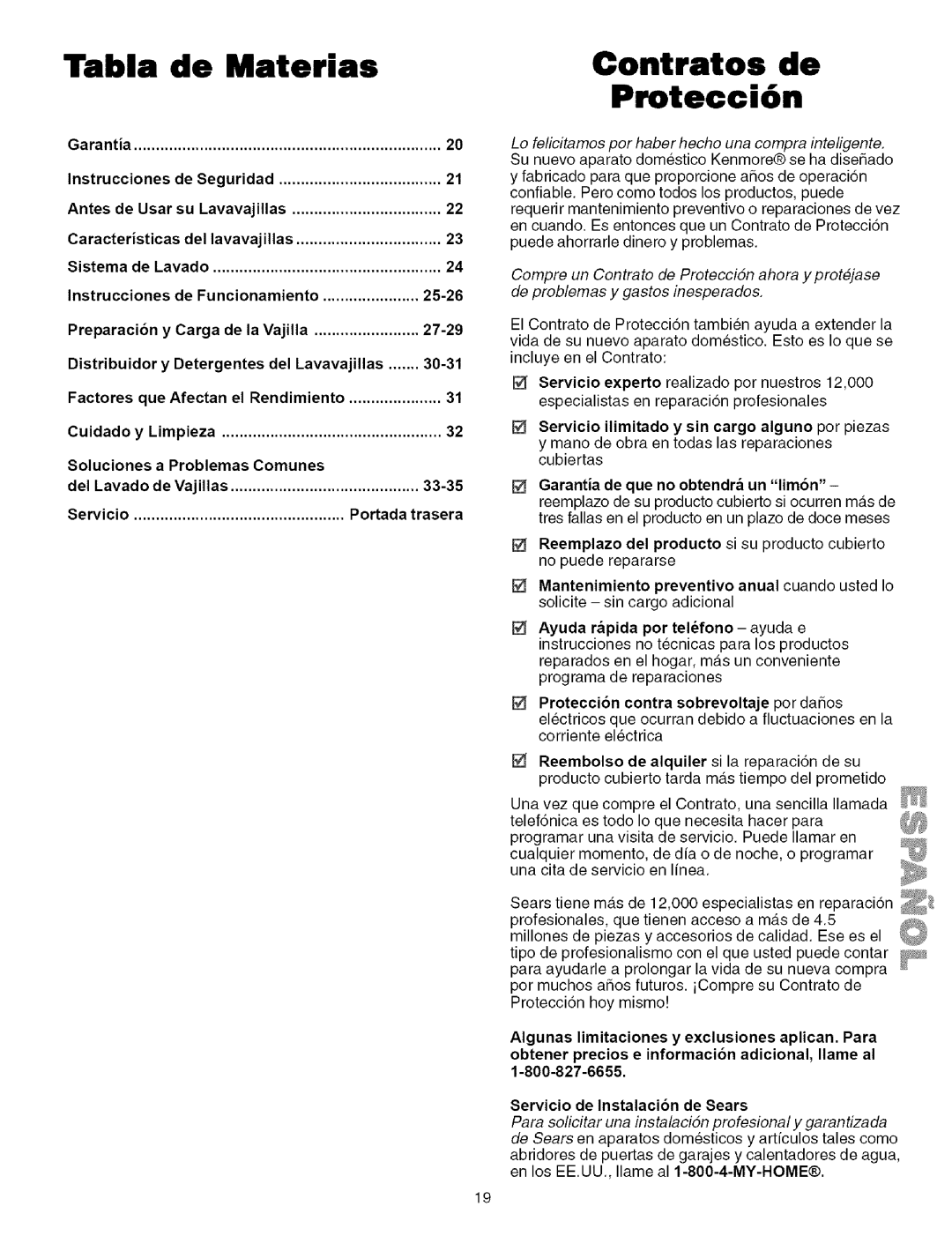 Kenmore 587.151600 Tabla de Materias, Contratos de Protecci6n, Preparaci6n Carga de la Vajilla, Servicio Portada trasera 