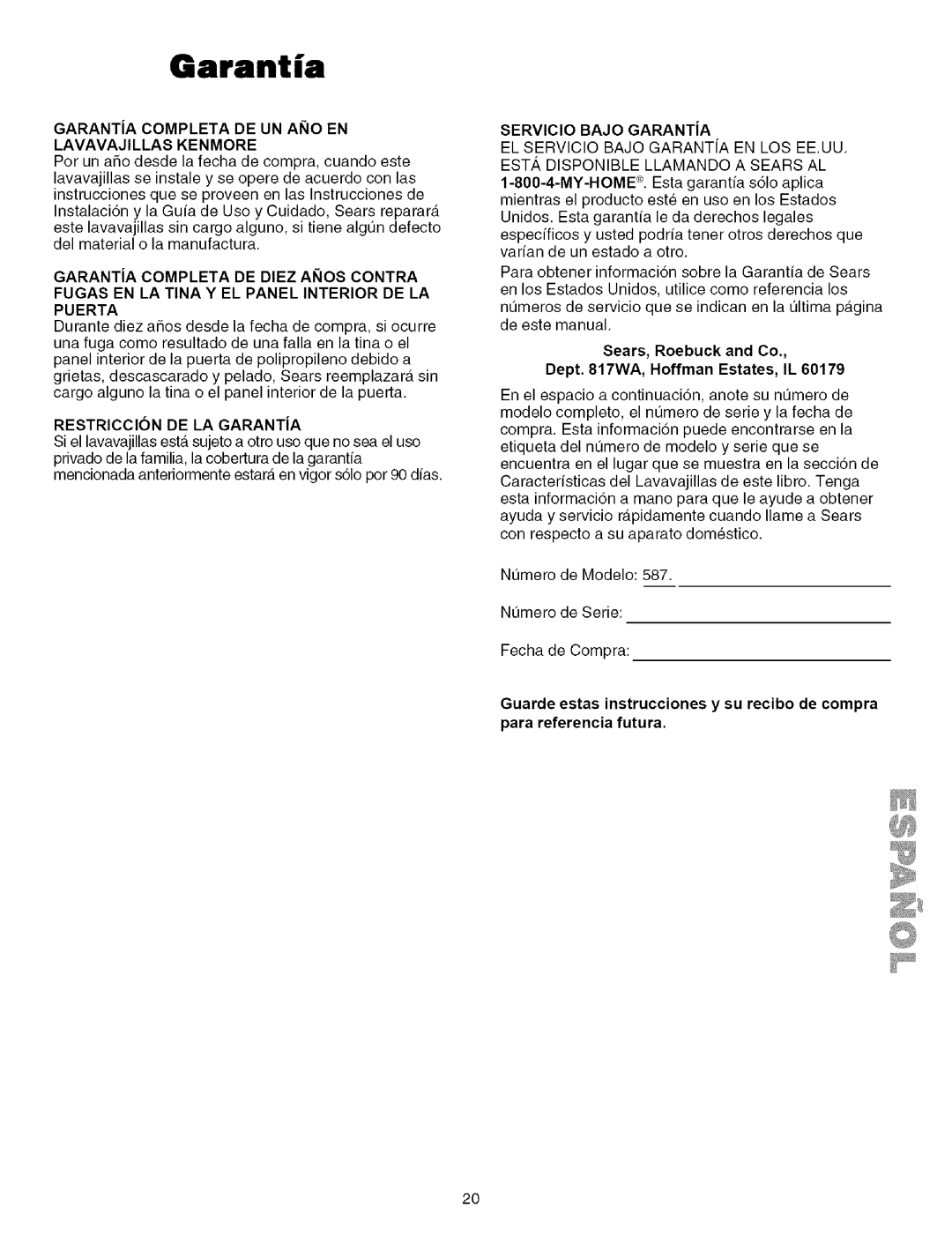 Kenmore 587.151500, 587.141500 Garantia, Restriccion DE LA GARANTiA, Sears, Roebuck and Co Dept WA, Hoffman Estates, IL 