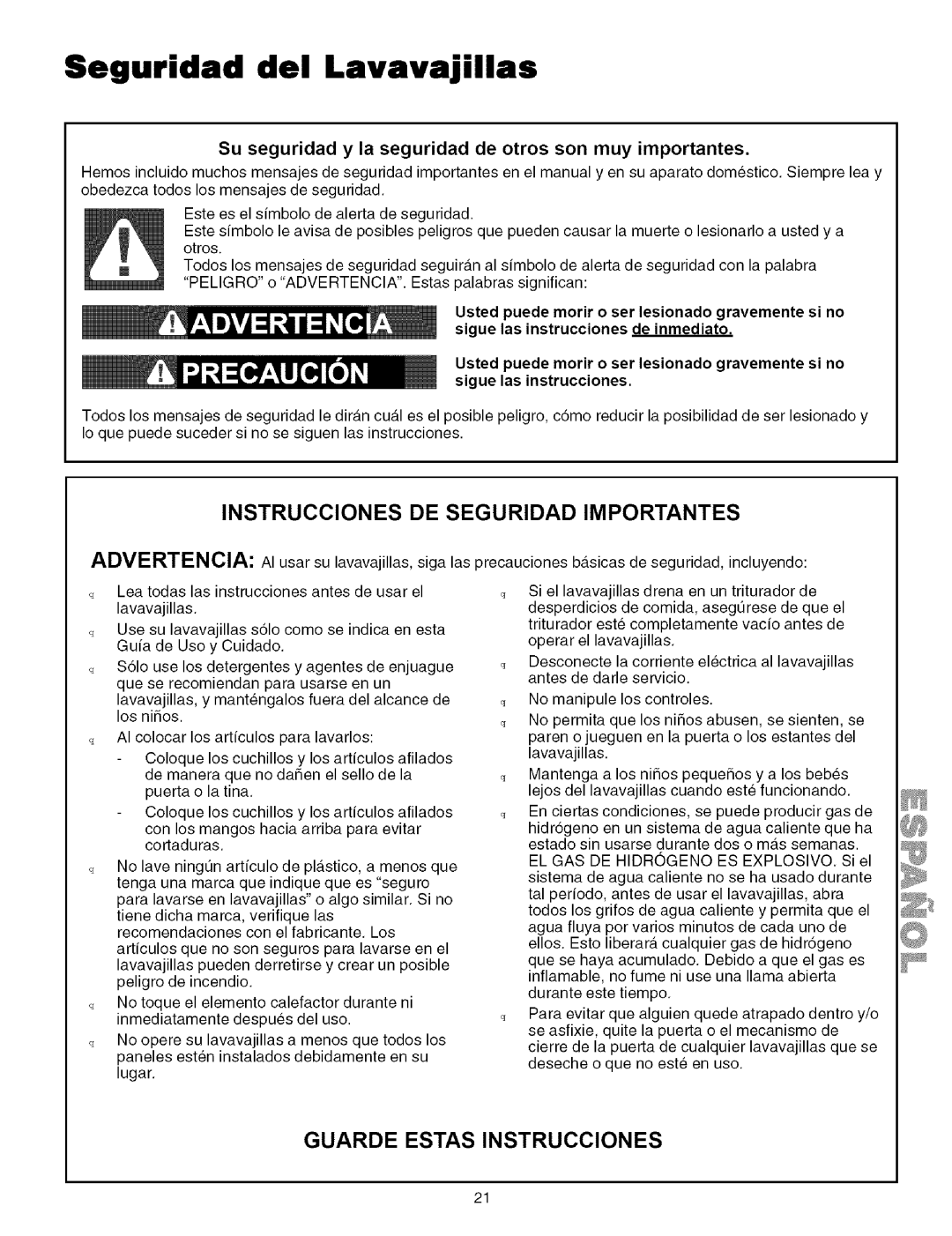 Kenmore 587.141500, 587.151500 manual Seguridad del Lavavajillas, Su seguridad y la seguridad de otros son muy importantes 