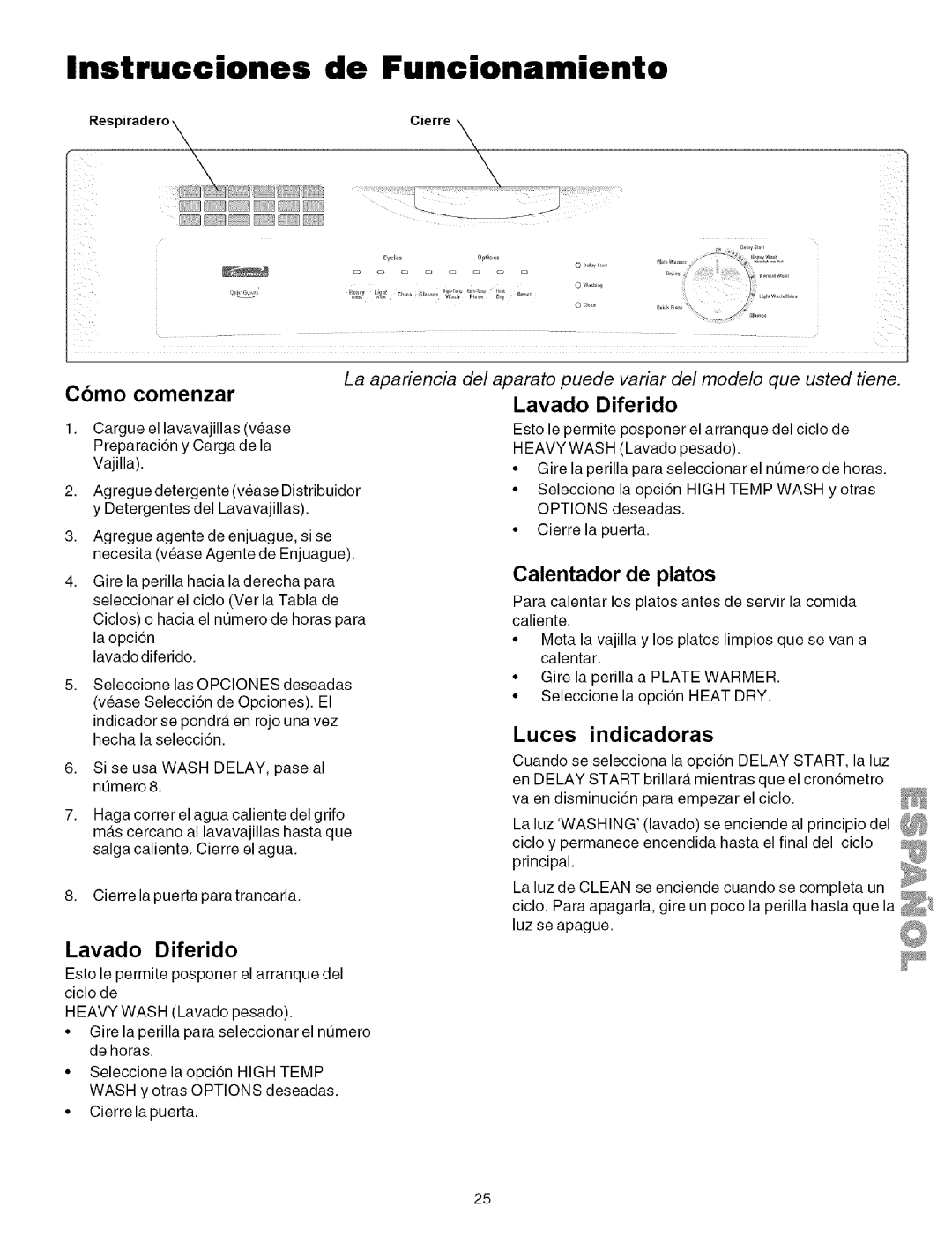 Kenmore 587.151500, 587.141500, 587.161500, 587.161600 Instrucciones de Funcionamiento, Luces indicadoras, Lavado Diferido 