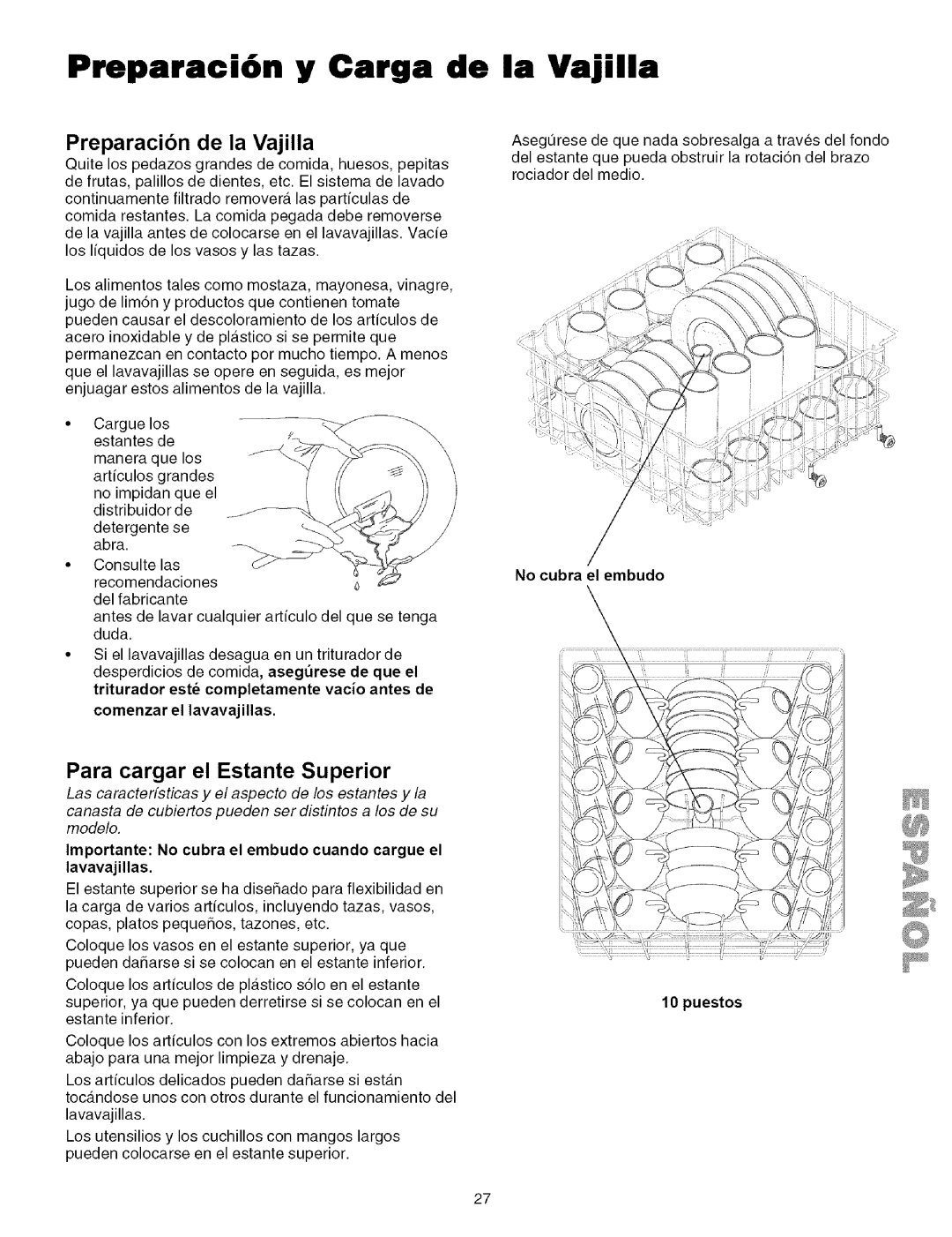 Kenmore 587.161500 manual Preparaci6n y Carga de la Vajilla, Preparacion de la Vajilla, Para cargar el Estante Superior 