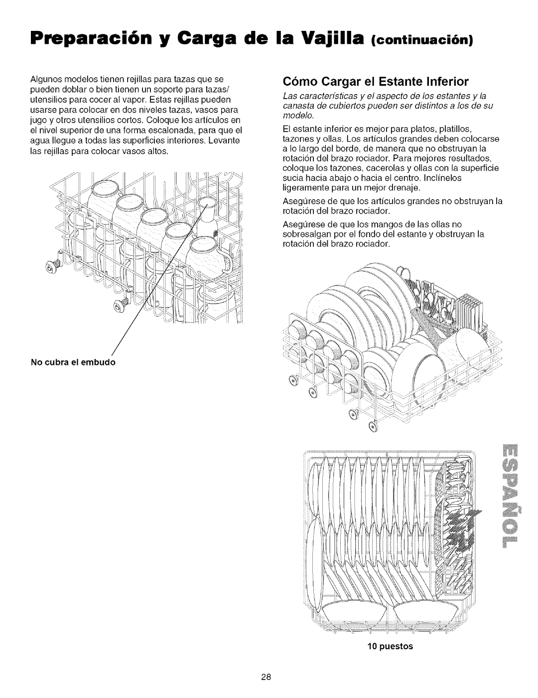 Kenmore 587.161600, 587.151500 Preparaci6n y Carga de la Vajilla continuaci6n, Como Cargar el Estante Inferior, Puestos 