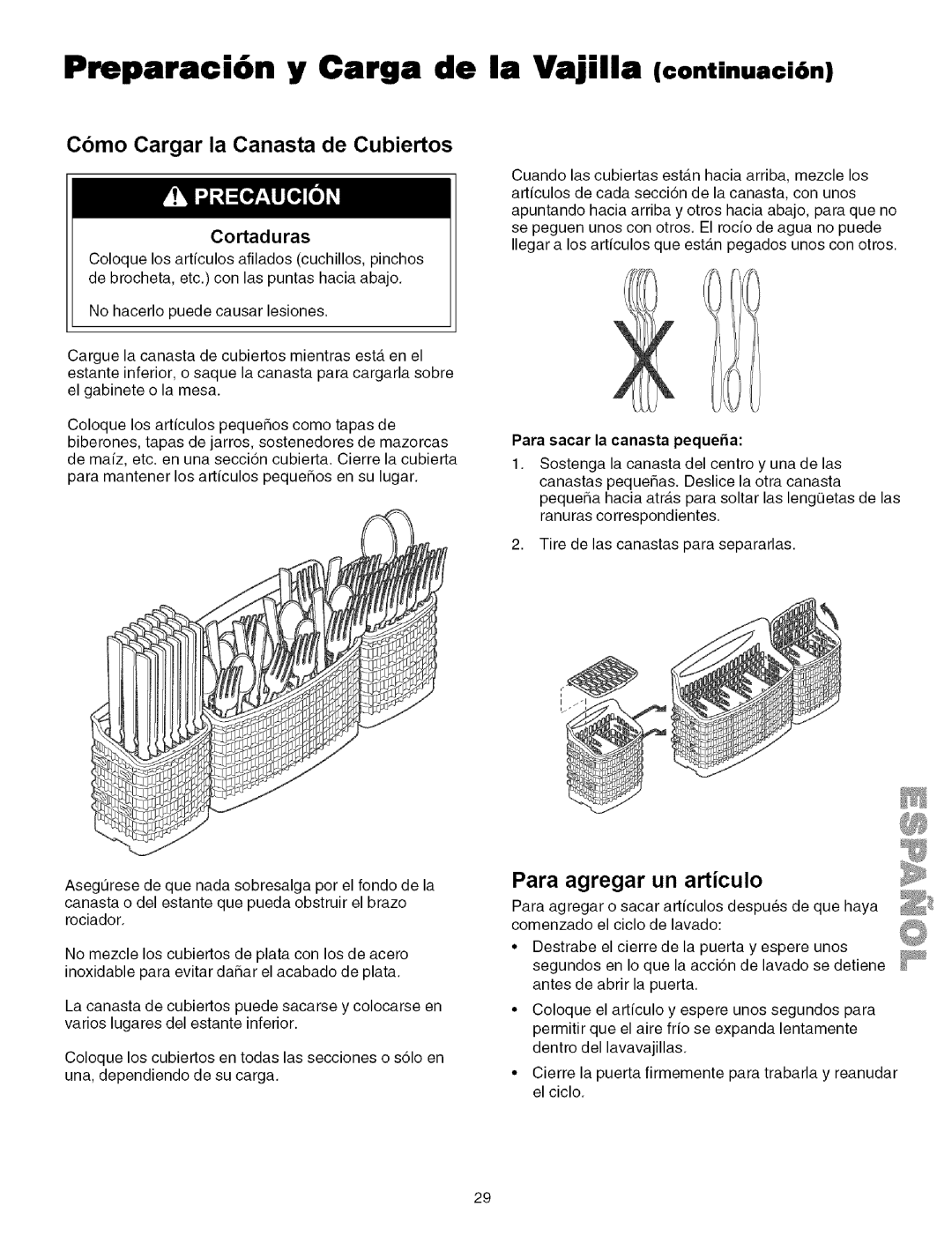 Kenmore 587.151600, 587.151500, 587.141500 manual Como Cargar la Canasta de Cubiertos, Para agregar un articulo, Cortaduras 