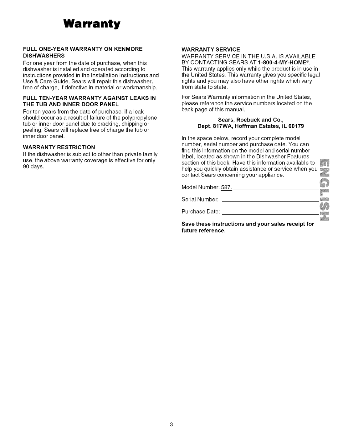 Kenmore 587.161600, 587.151500, 587.141500, 587.161500, 587.151600 manual Warranty, Sears, Roebuck and Co 