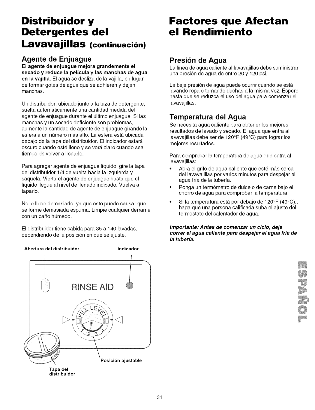 Kenmore 587.141500, 587.151500 Distribuidor y Detergentes del, Factores que Afectan el Rendimiento, Agente de Enjuague 