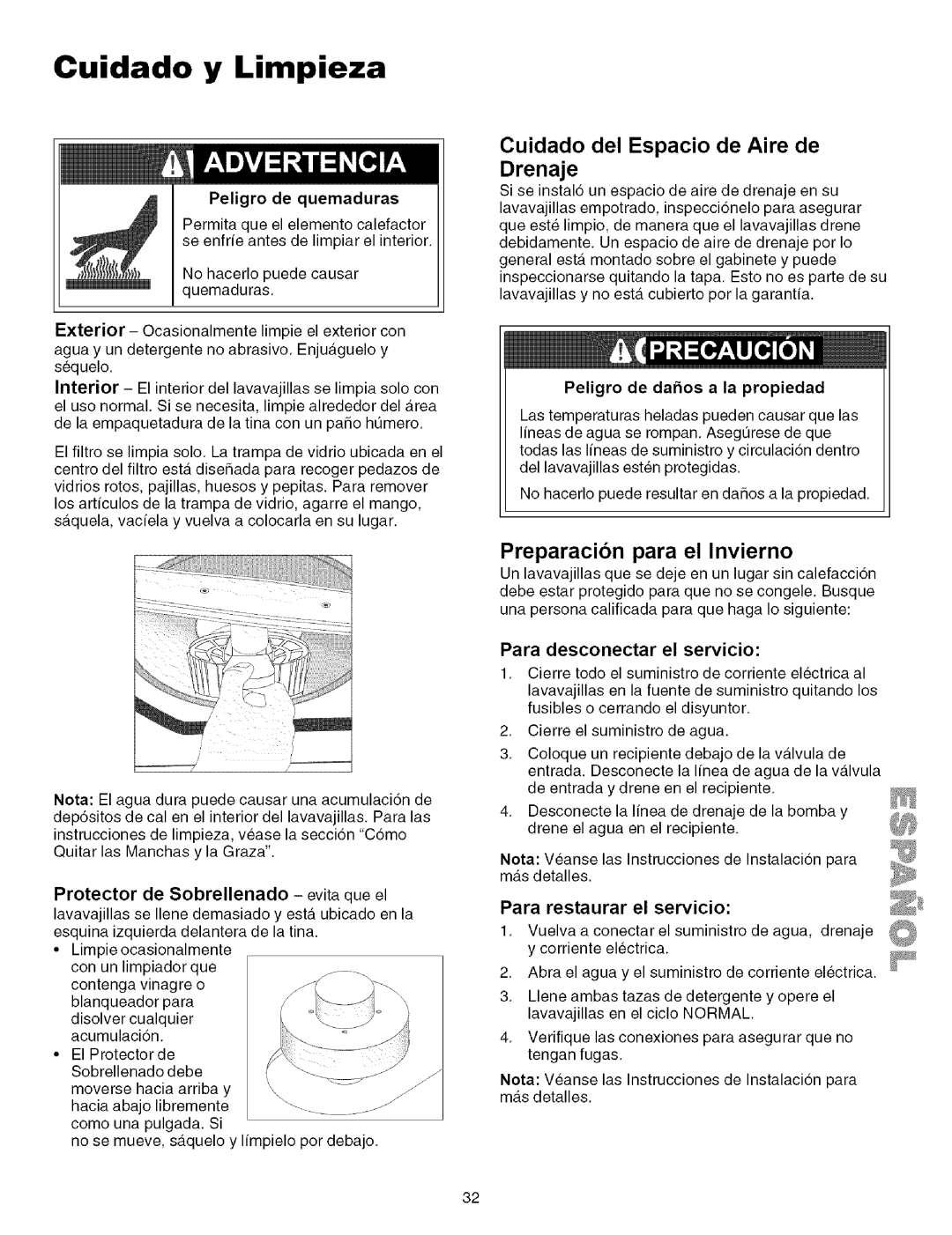 Kenmore 587.161500 Cuidado del Espacio de Aire de Drenaje, Preparacion para el Invierno, Para desconectar el servicio 