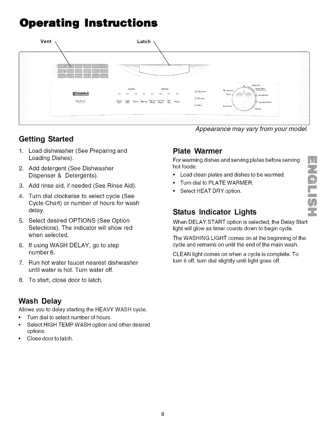 Kenmore 587.161600, 587.151500, 587.141500, 587.161500 Operating Instructions, Getting Started, Wash Delay, Plate Warmer 