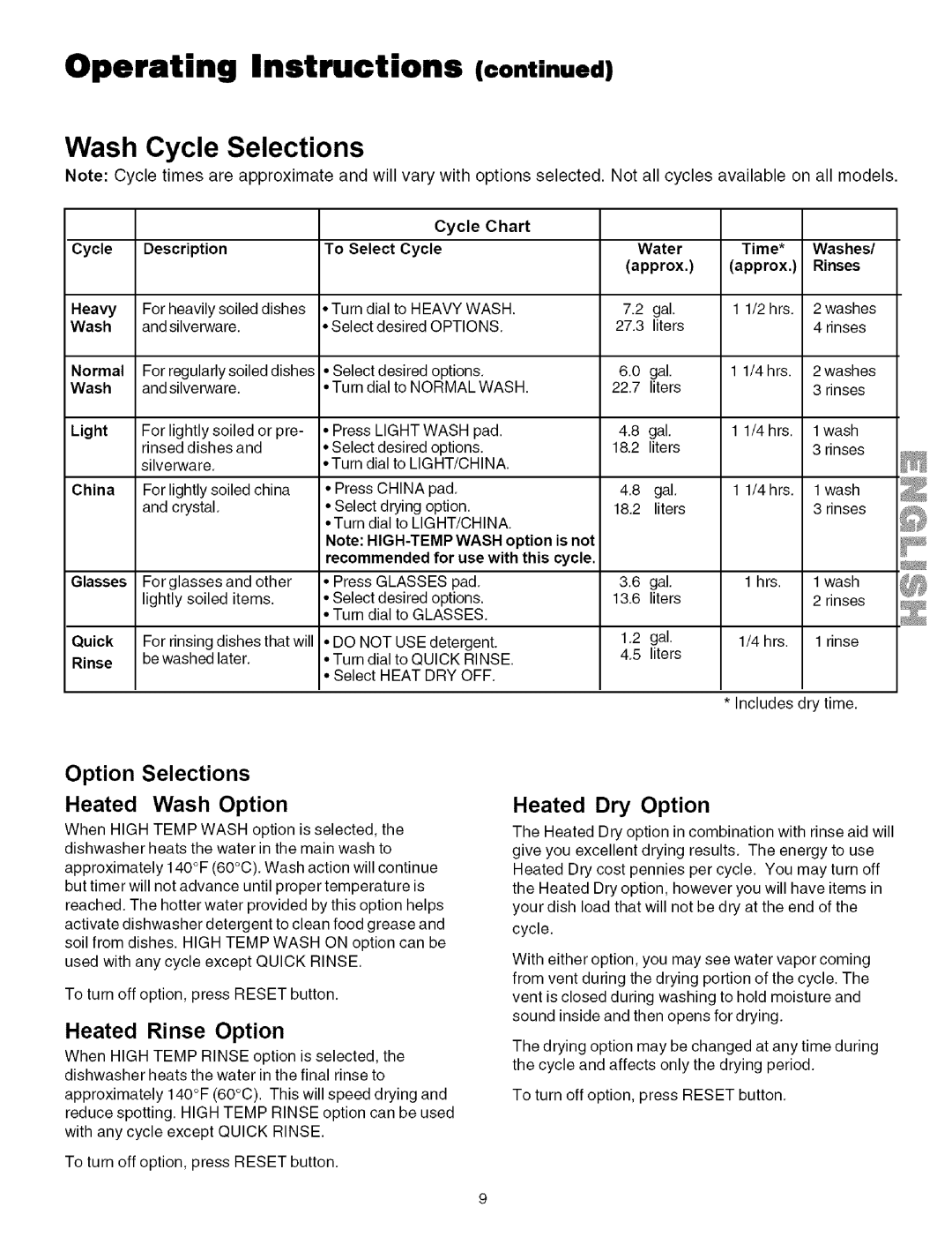 Kenmore 587.151600 manual Operating Instructions continued, Wash Cycle Selections, Option Selections Heated Wash Option 
