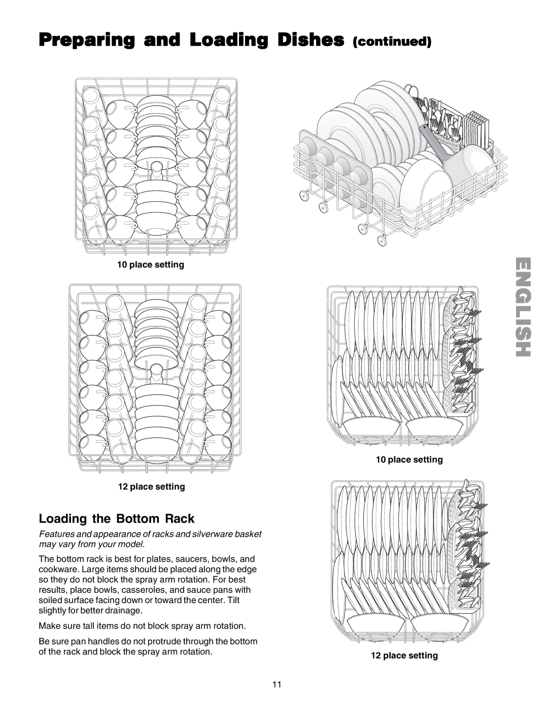 Kenmore 587.1523 manual Loading the Bottom Rack, Place setting 