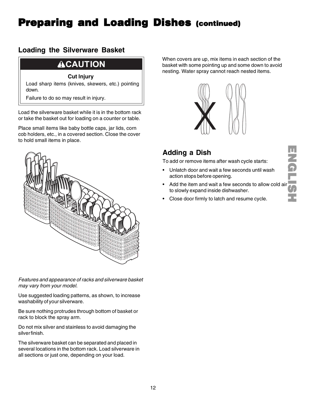 Kenmore 587.1523 manual Loading the Silverware Basket, Adding a Dish 