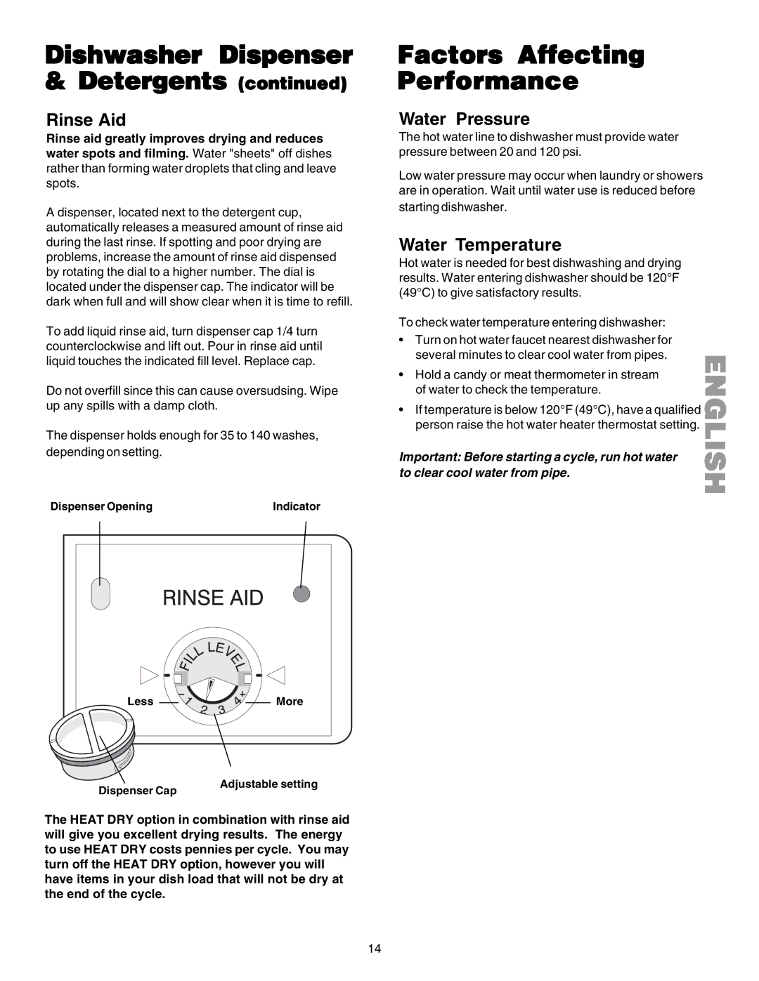 Kenmore 587.1523 manual Dishwasher Dispenser Detergents, Factors Affecting Performance, Rinse Aid, Water Pressure 