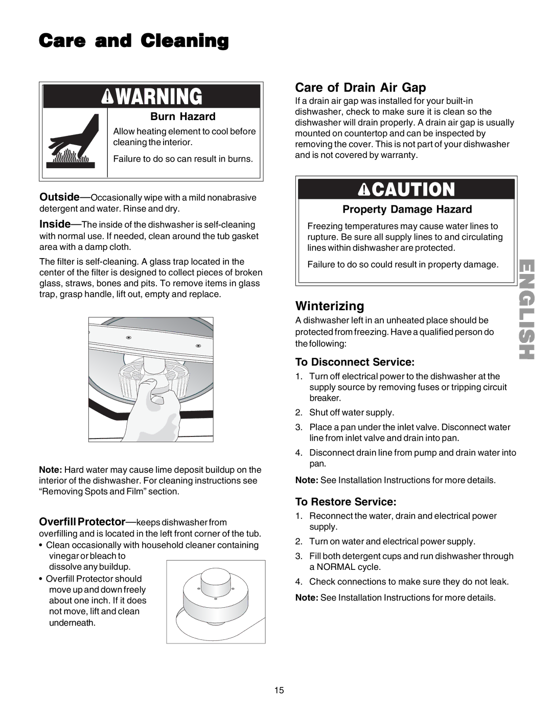 Kenmore 587.1523 manual Care and Cleaning, Care of Drain Air Gap, Winterizing 