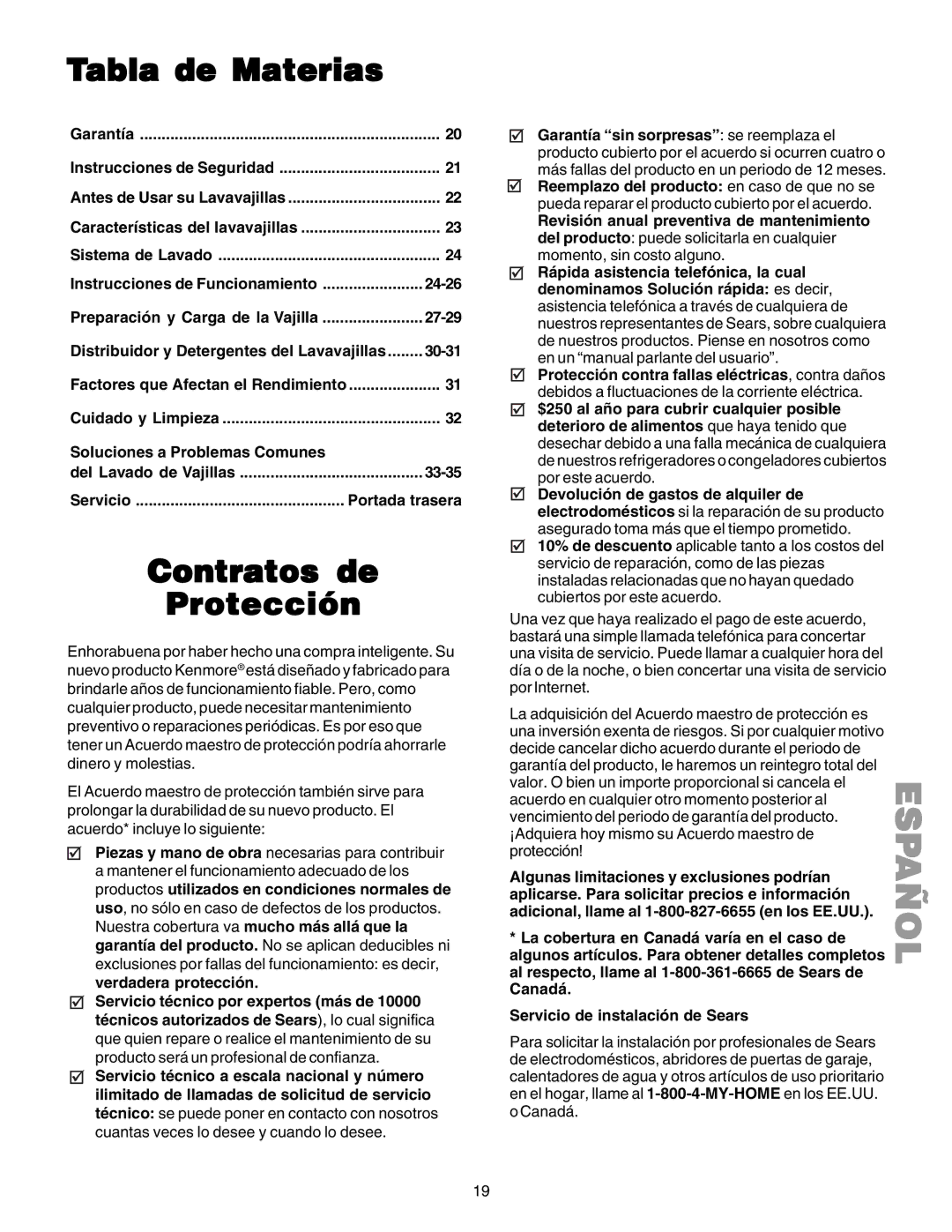 Kenmore 587.1523 manual Tabla de Materias, Contratos de Protección 