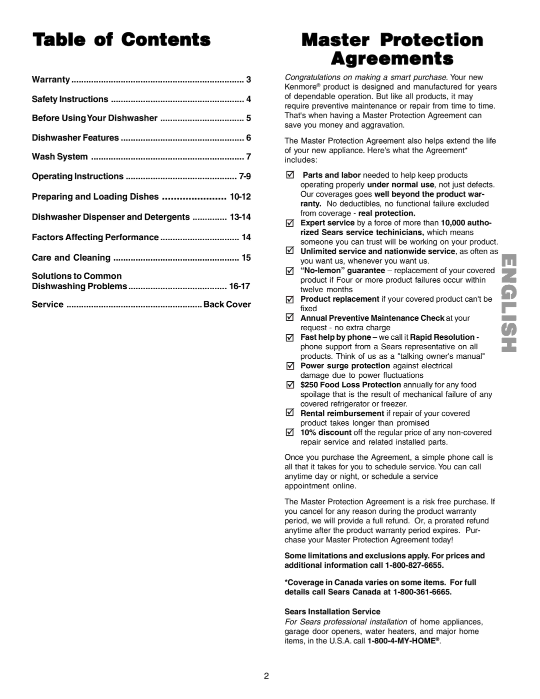 Kenmore 587.1523 manual Table of Contents, Master Protection Agreements 