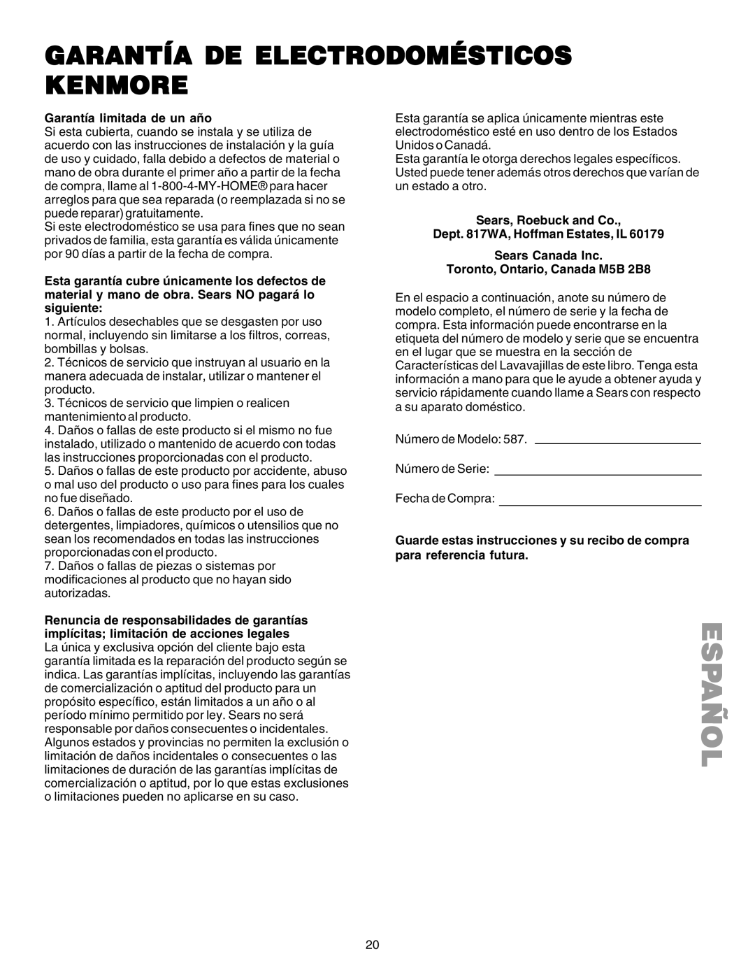 Kenmore 587.1523 manual Garantía DE Electrodomésticos Kenmore, Garantía limitada de un año 