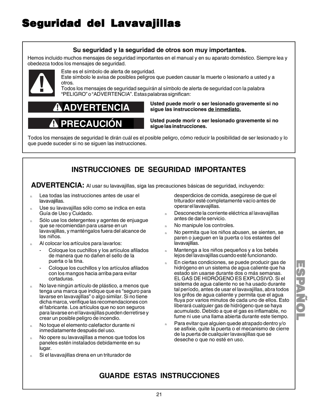 Kenmore 587.1523 manual Seguridad del Lavavajillas, Su seguridad y la seguridad de otros son muy importantes 