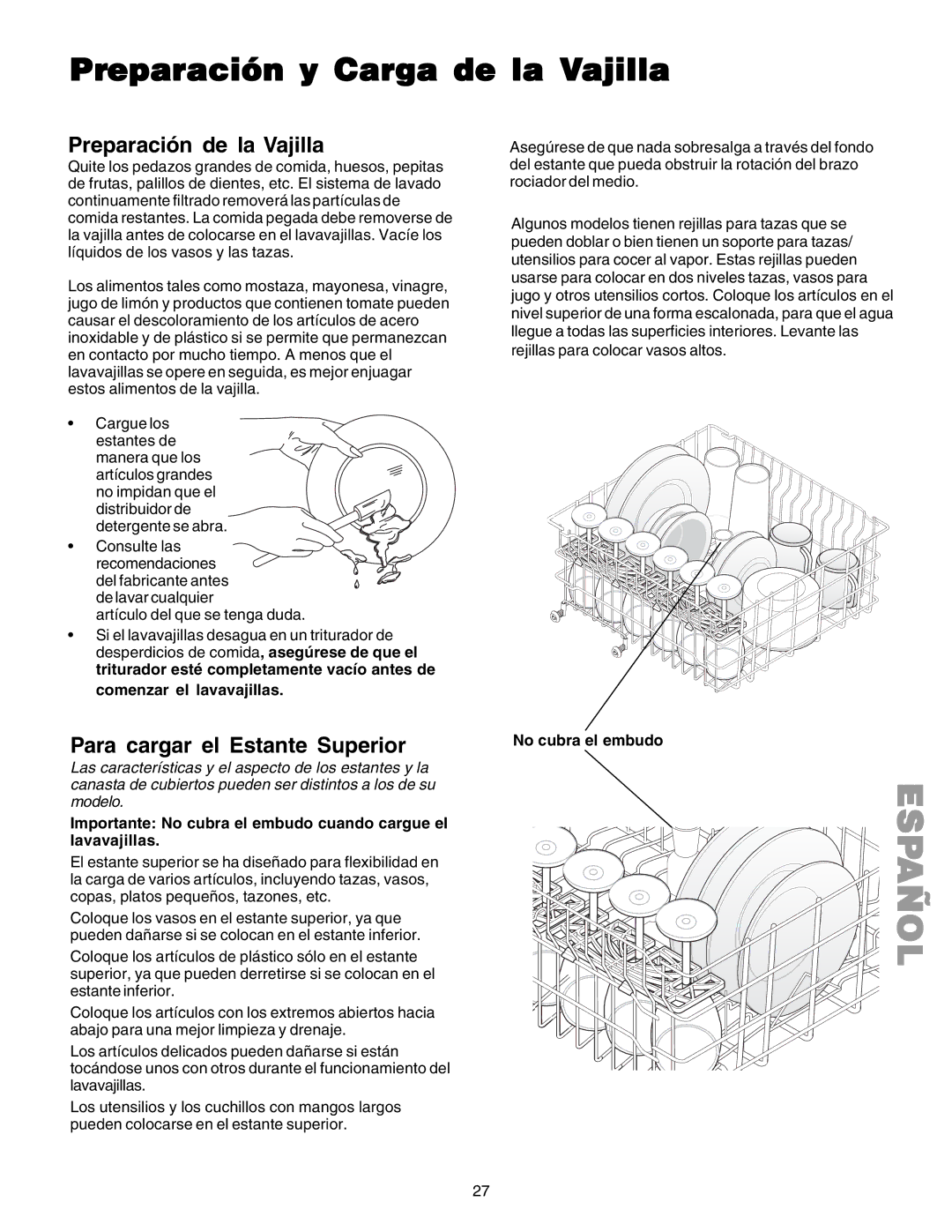 Kenmore 587.1523 manual Preparación y Carga de la Vajilla, Preparación de la Vajilla, Para cargar el Estante Superior 