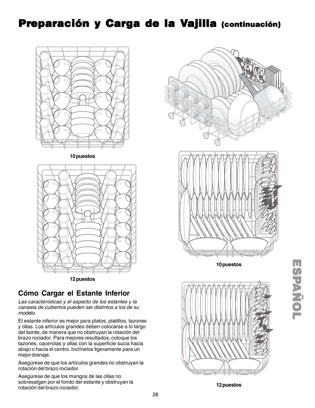 Kenmore 587.1523 Preparación y Carga de la Vajilla continuación, Cómo Cargar el Estante Inferior, 10puestos 12puestos 