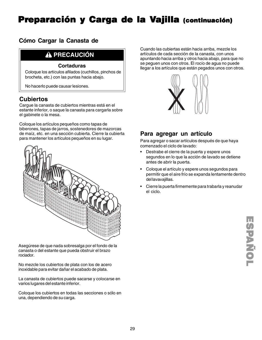 Kenmore 587.1523 manual Cómo Cargar la Canasta de, Cubiertos, Para agregar un artículo, Cortaduras 