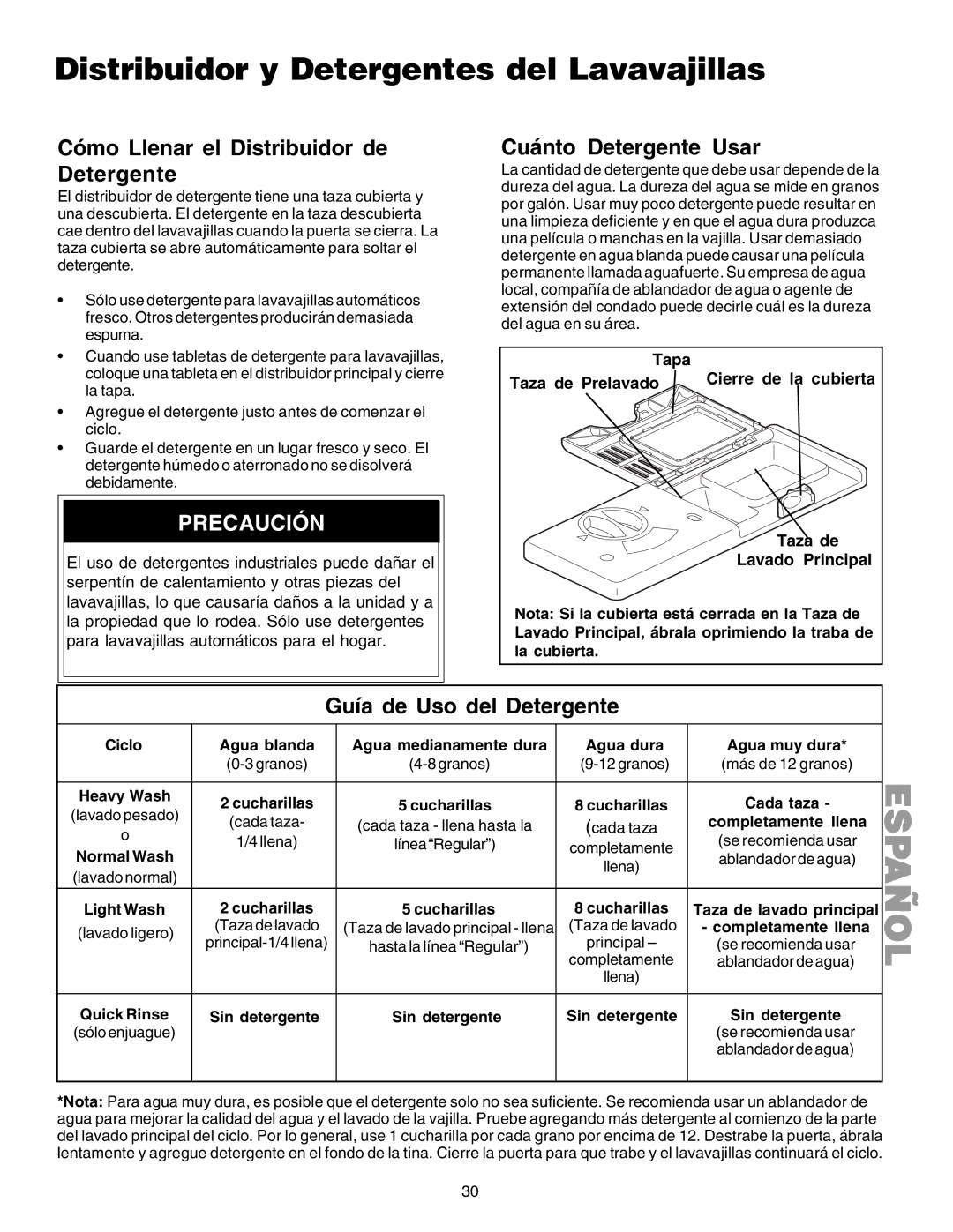 Kenmore 587.1523 manual Distribuidor y Detergentes del Lavavajillas, Cómo Llenar el Distribuidor de Detergente 