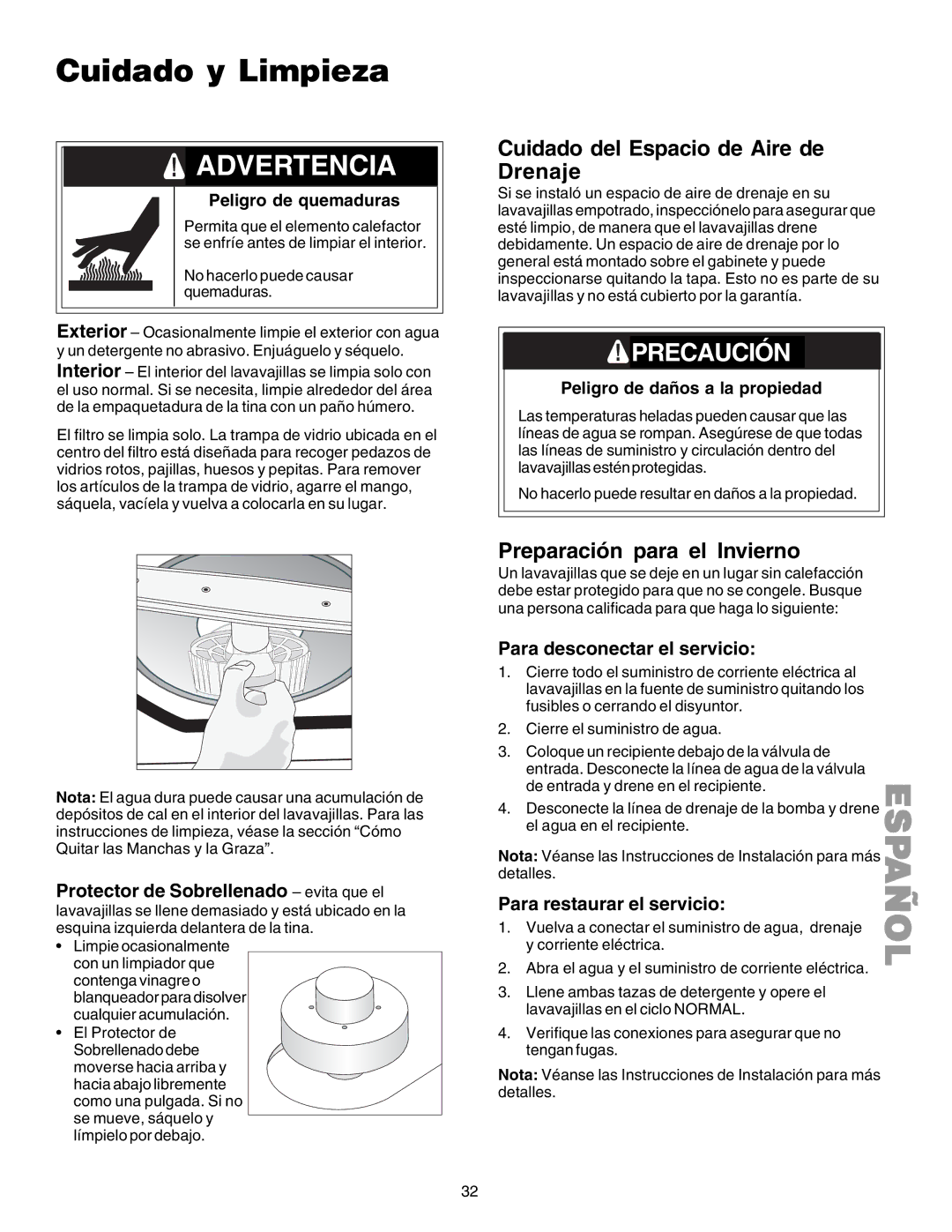 Kenmore 587.1523 manual Cuidado y Limpieza, Cuidado del Espacio de Aire de Drenaje, Preparación para el Invierno 