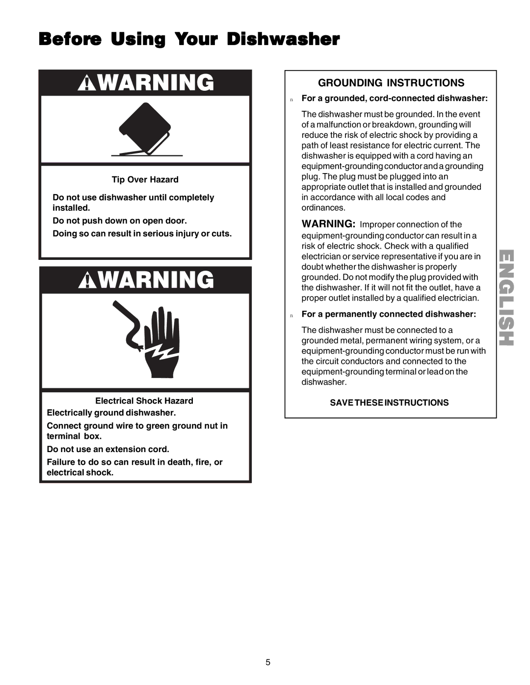 Kenmore 587.1523 manual Before Using Your Dishwasher, For a grounded, cord-connected dishwasher 