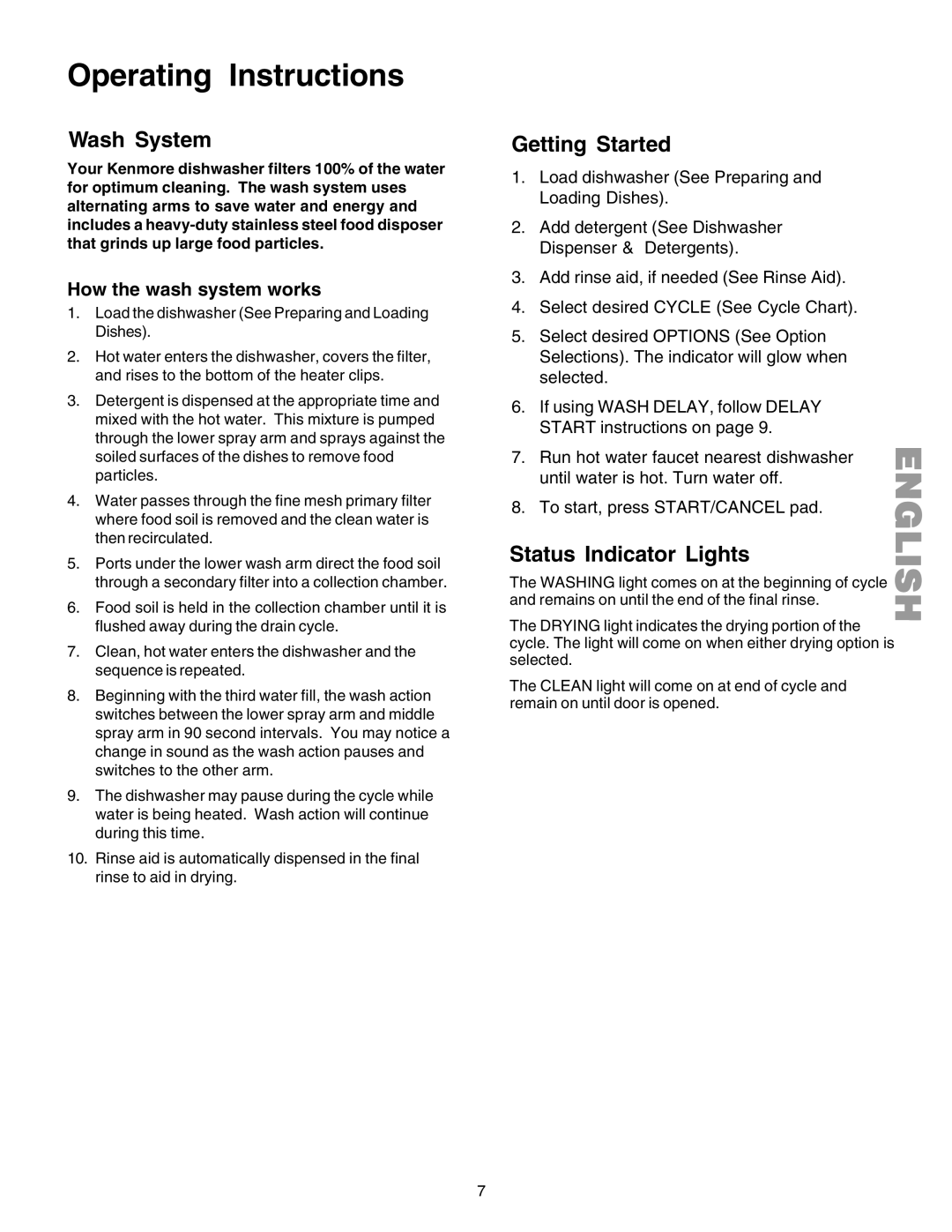 Kenmore 587.1523 Operating Instructions, Wash System, Getting Started, Status Indicator Lights, How the wash system works 