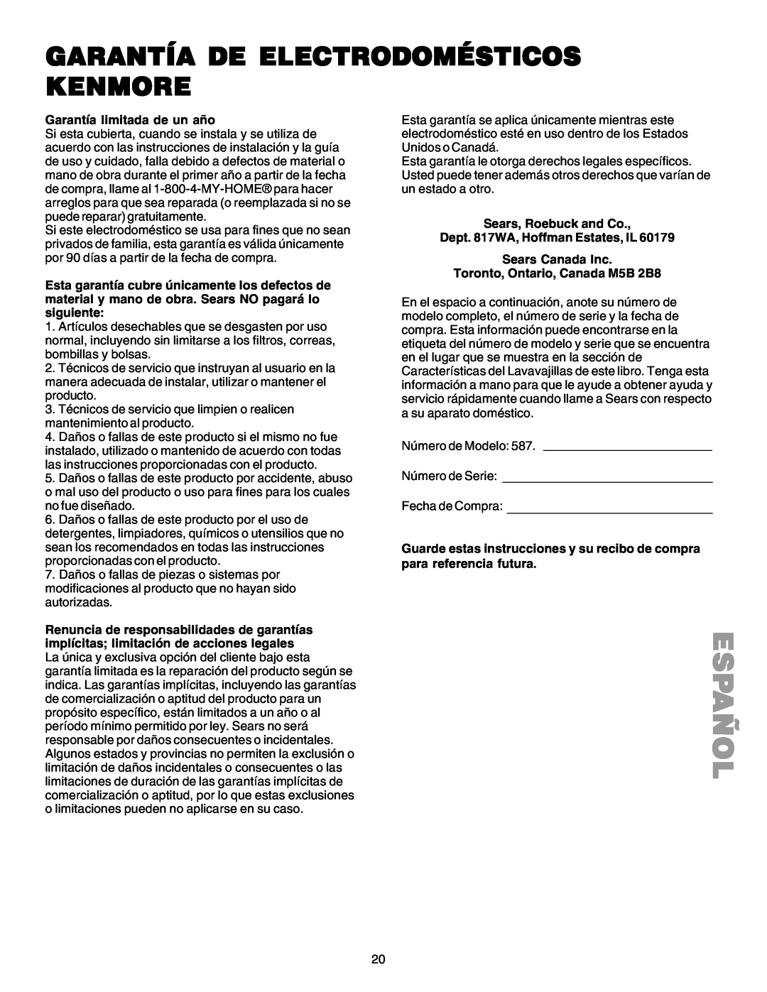 Kenmore 587.1523 manual Garantía De Electrodomésticos Kenmore, Español 