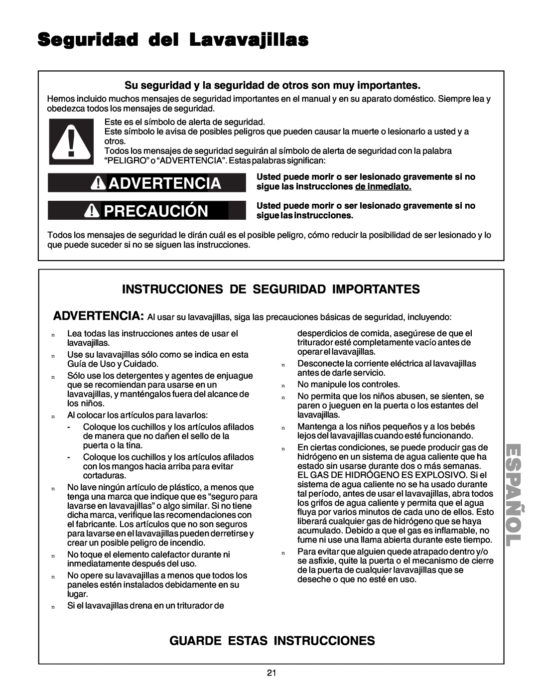 Kenmore 587.1523 manual Seguridad del Lavavajillas, Advertenc, Precau Ción, Instrucciones De Seguridad Importantes, Español 