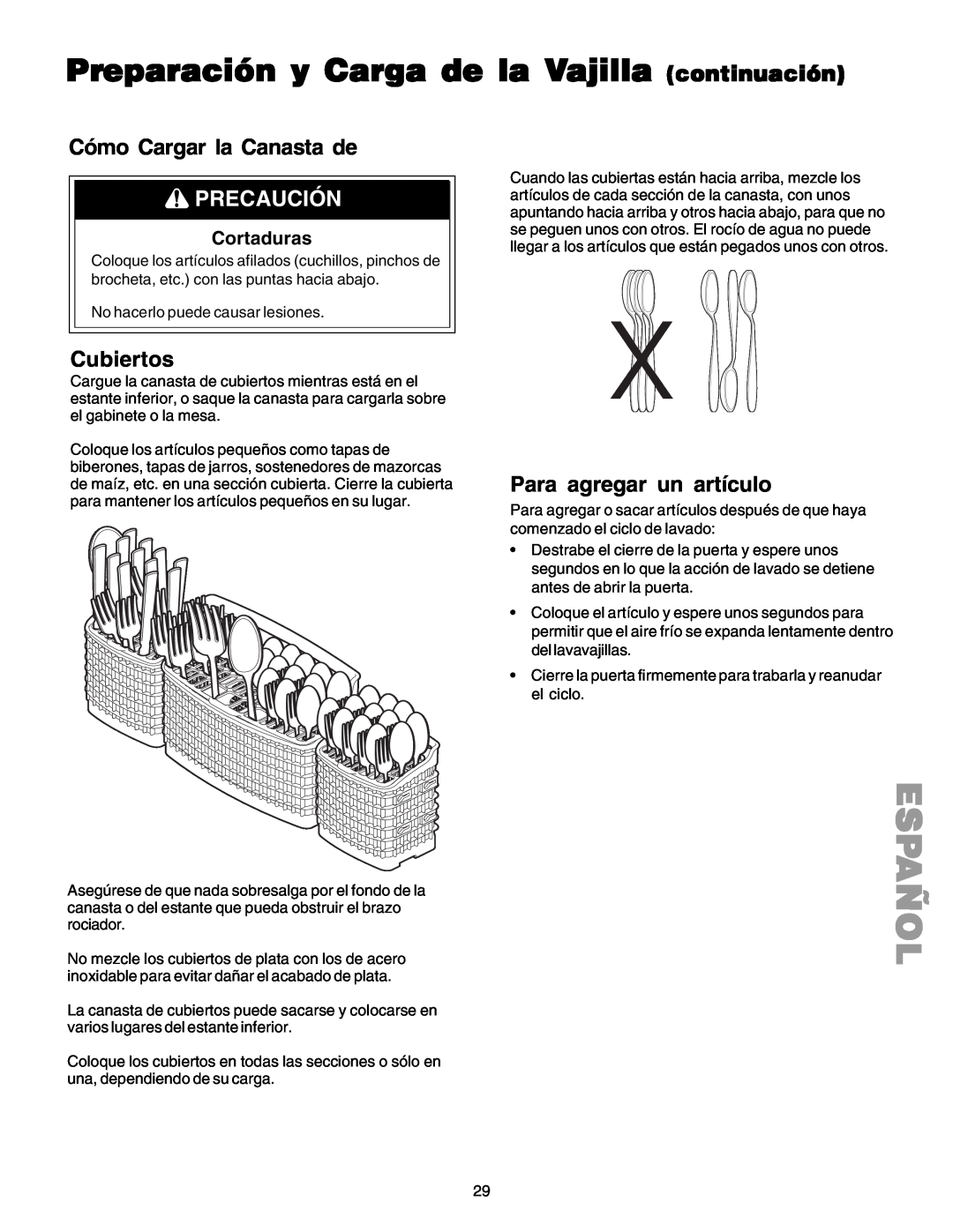 Kenmore 587.1523 manual Cómo Cargar la Canasta de, Precaución, Cubiertos, Para agregar un artículo, Español 