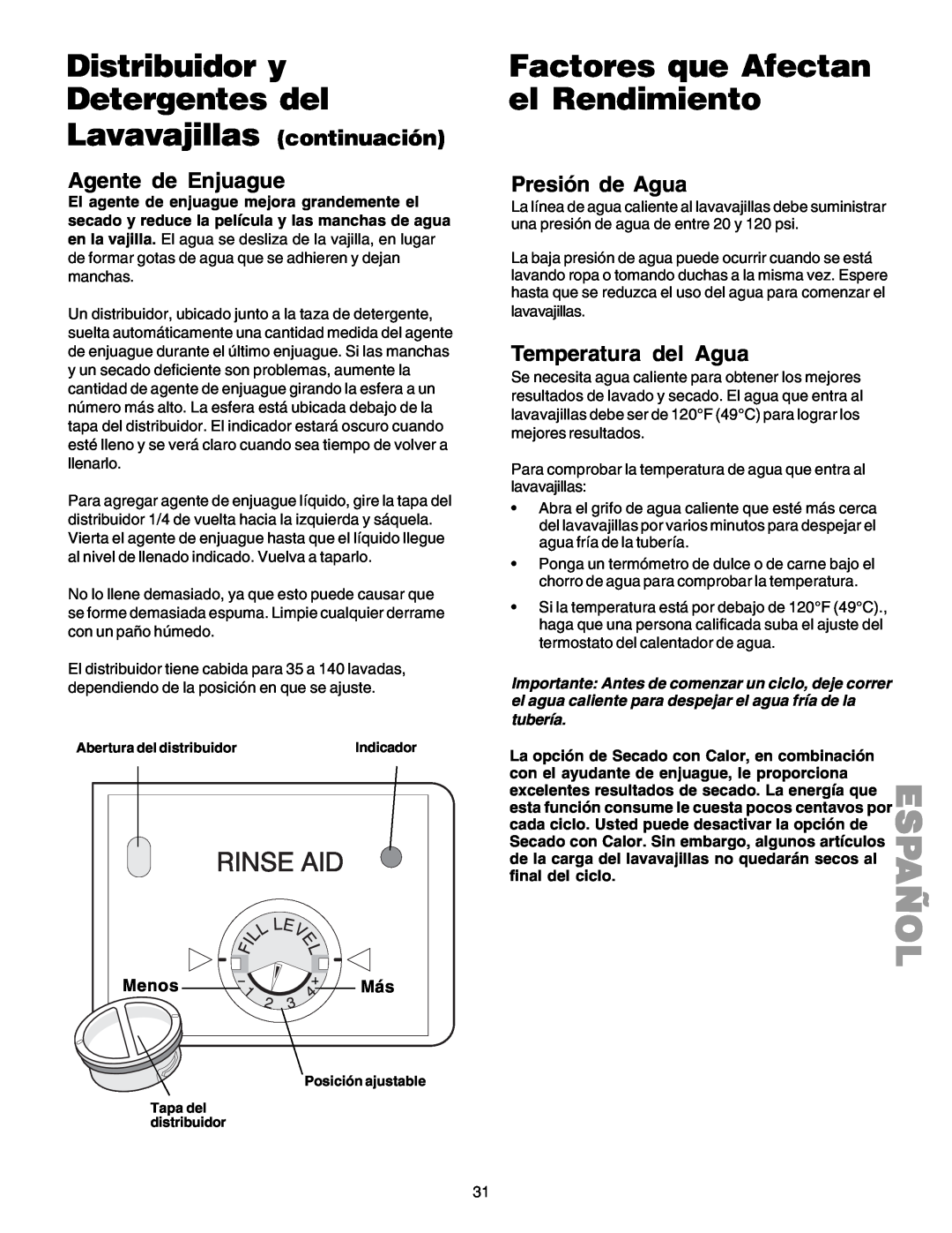 Kenmore 587.1523 manual Distribuidor y Detergentes del, Factores que Afectan el Rendimiento, Presión de Agua, Menos Más 
