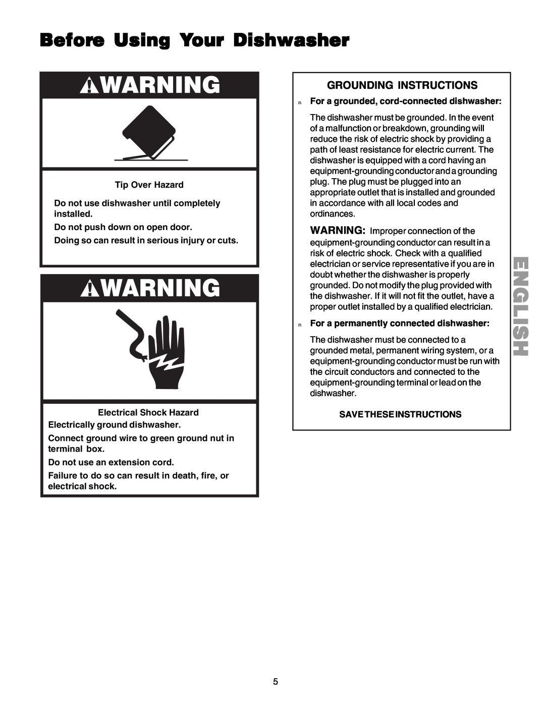 Kenmore 587.1523 manual Before Using Your Dishwasher, English, Grounding Instructions 