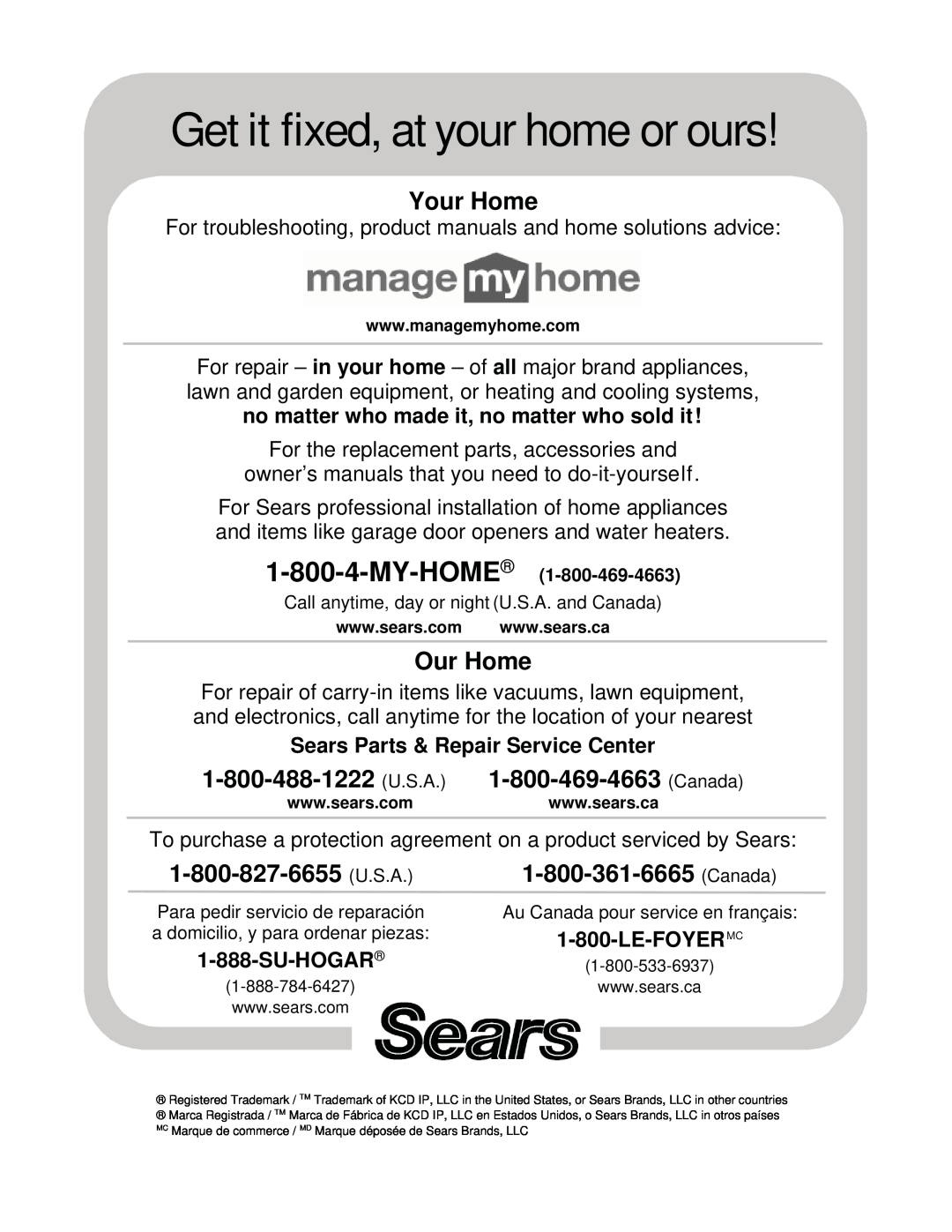 Kenmore 587.15412100A Get it fixed, at your home or ours, Your Home, Our Home, Canada, Sears Parts & Repair Service Center 