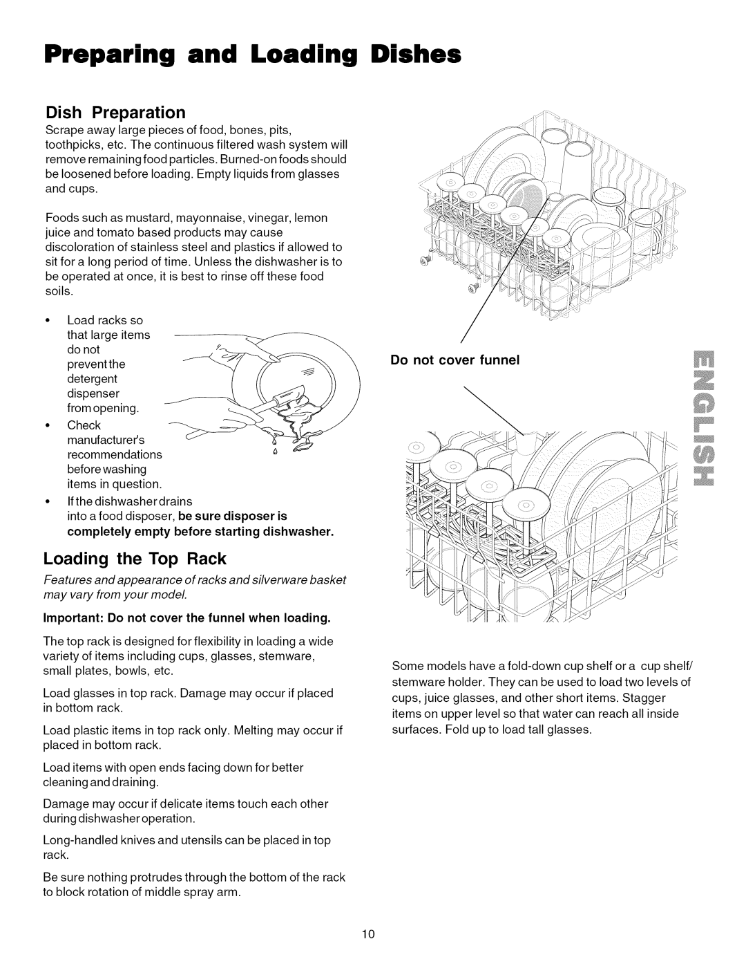 Kenmore 587.1623, 587.1824 manual Preparing and Loading, Dishes, Dish Preparation, Loading the Top Rack 